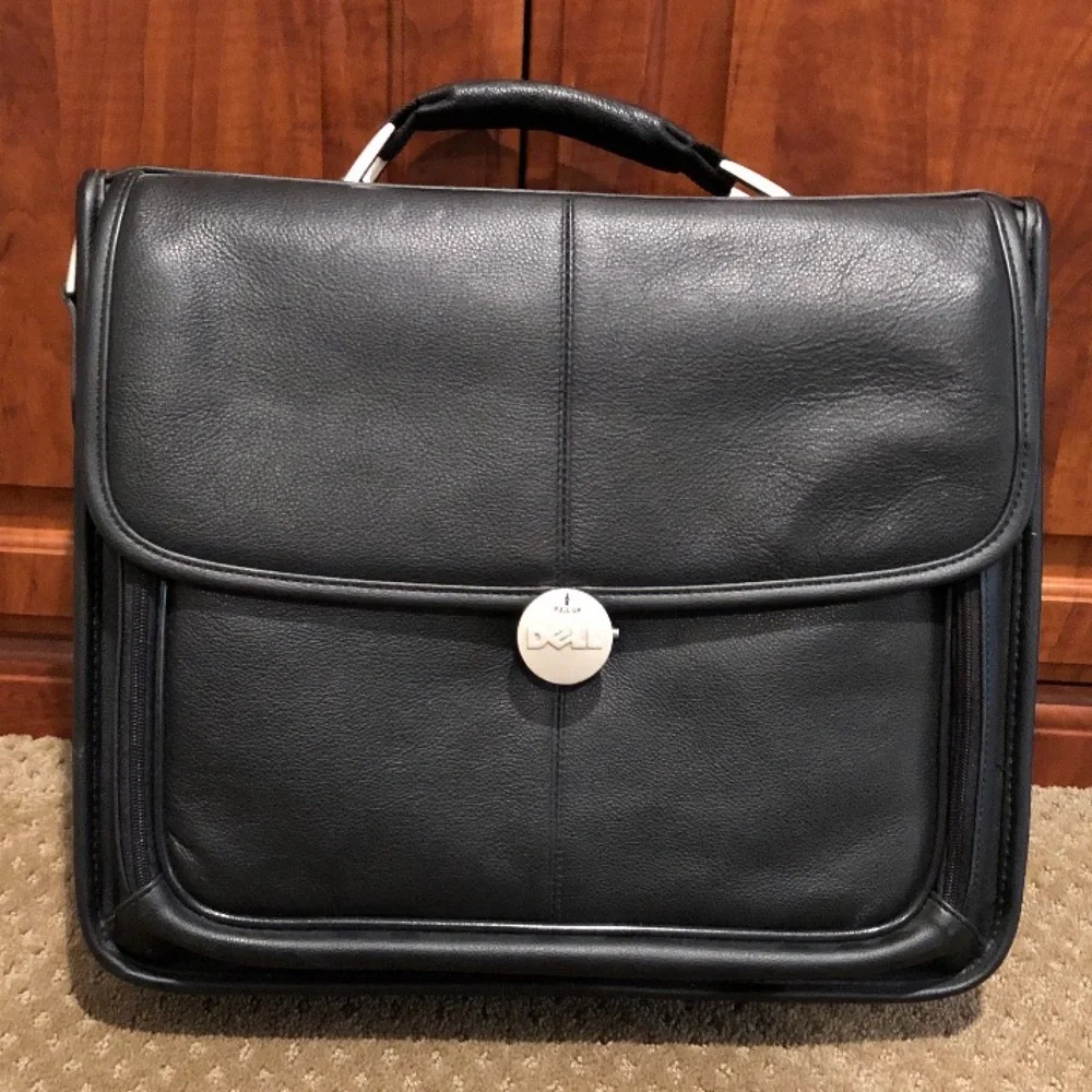 Vintage Dell Unisex Faux Black Leather Laptop Briefcase, with Strap, 16”x13”x4”